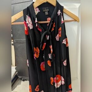 Black Floral Tie-Neck Dress with Pink & Orange Blooms